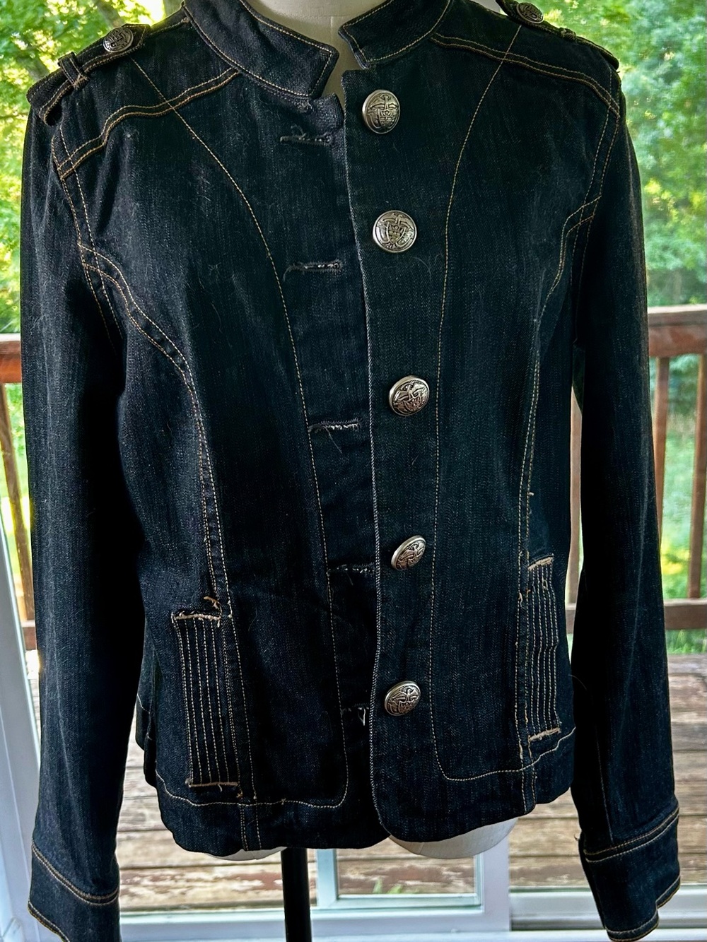 Vintage Old Navy Dark Blue Denim Military-Style Jacket with Contrast Stitching L